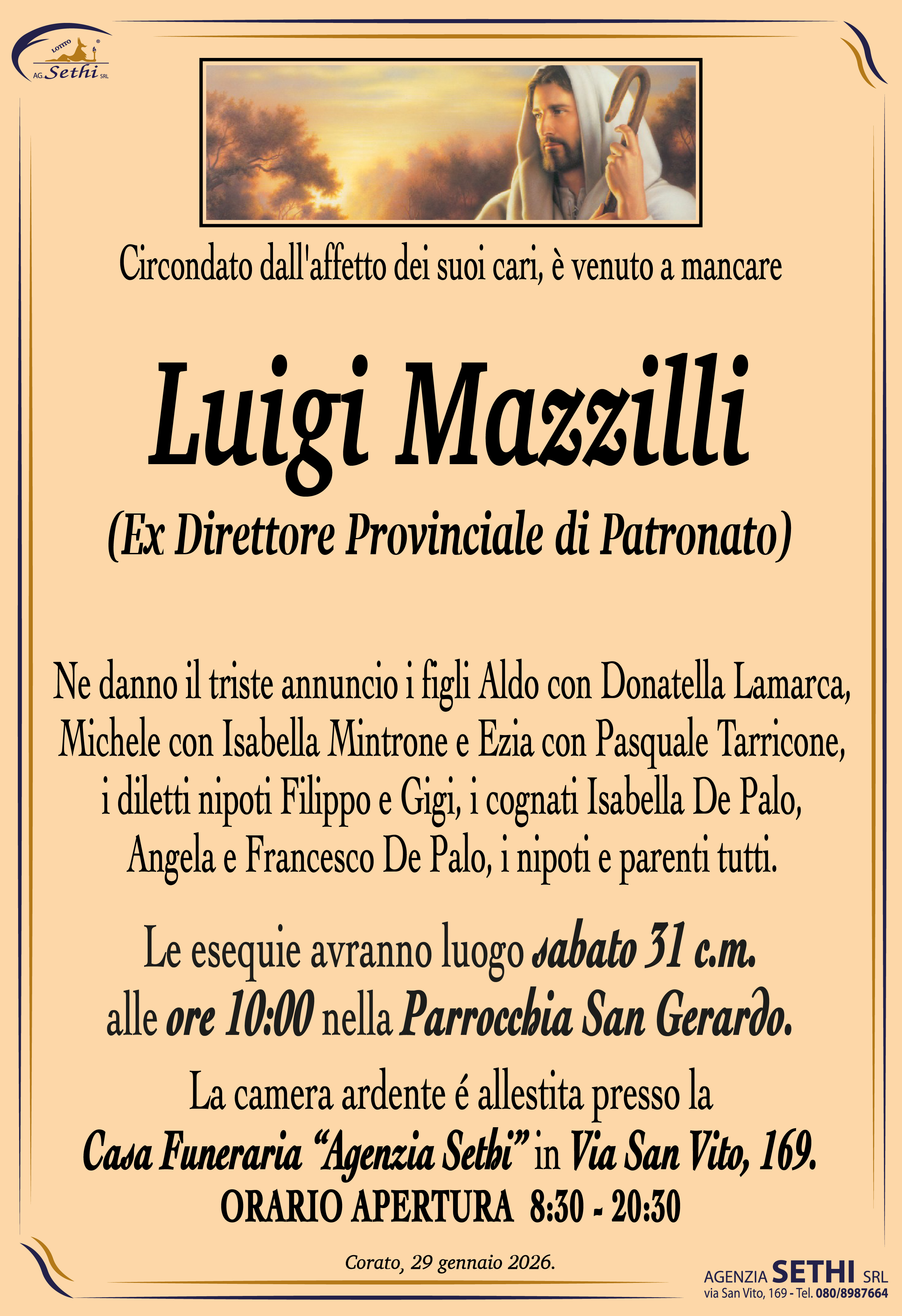 Ne danno il triste annuncio i figli Aldo con Donatella Lamarca, Michele con Isabella Mintrone e Ezia con Pasquale Tarricone, i diletti nipoti Filippo e Gigi, i cognati Isabella De Palo, Angela e Francesco De Palo, i nipoti e parenti tutti.