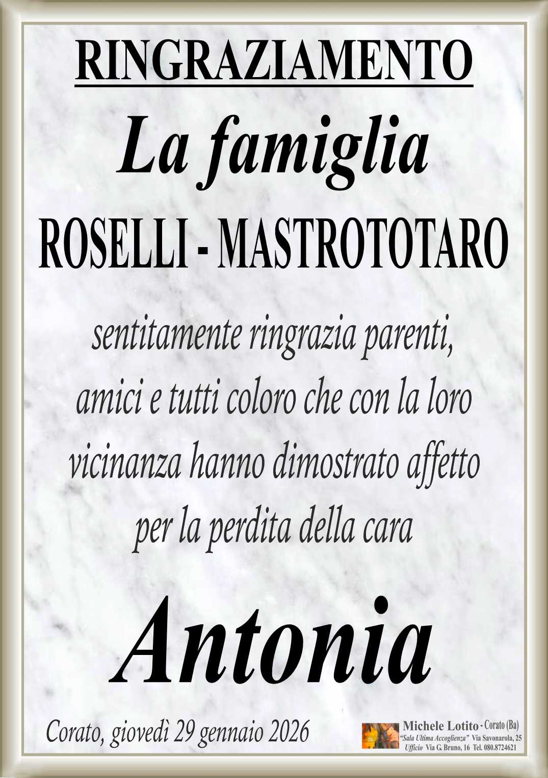 Ringraziamento ANTONIA MASTROTOTARO ved. Roselli