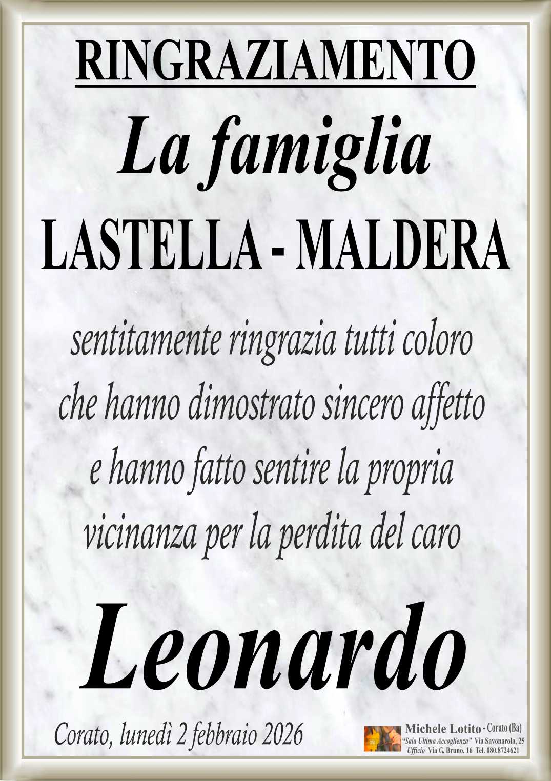 Ringraziamento LEONARDO LASTELLA