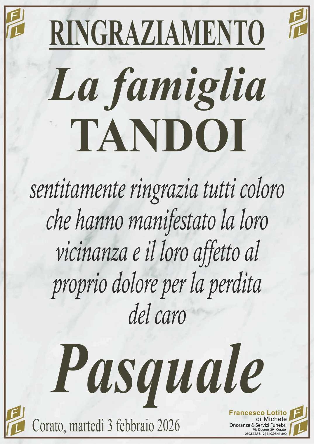 Ringraziamento Pasquale TANDOI fu Cataldo