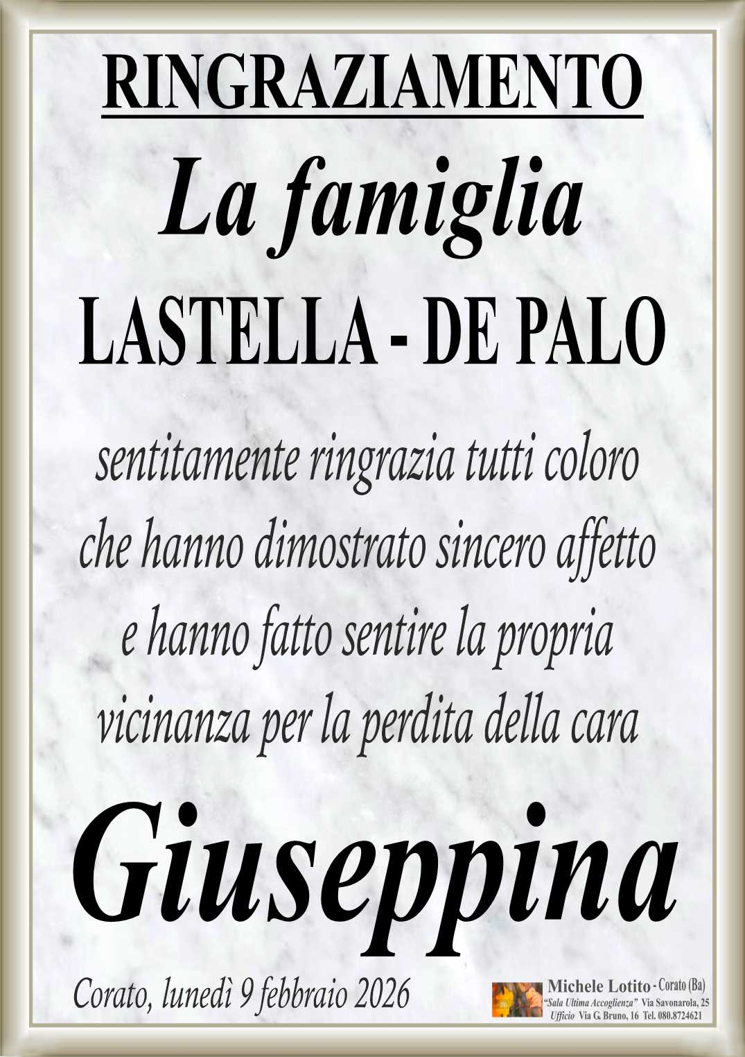 Ringraziamento GIUSEPPINA DE PALO ved. Savella