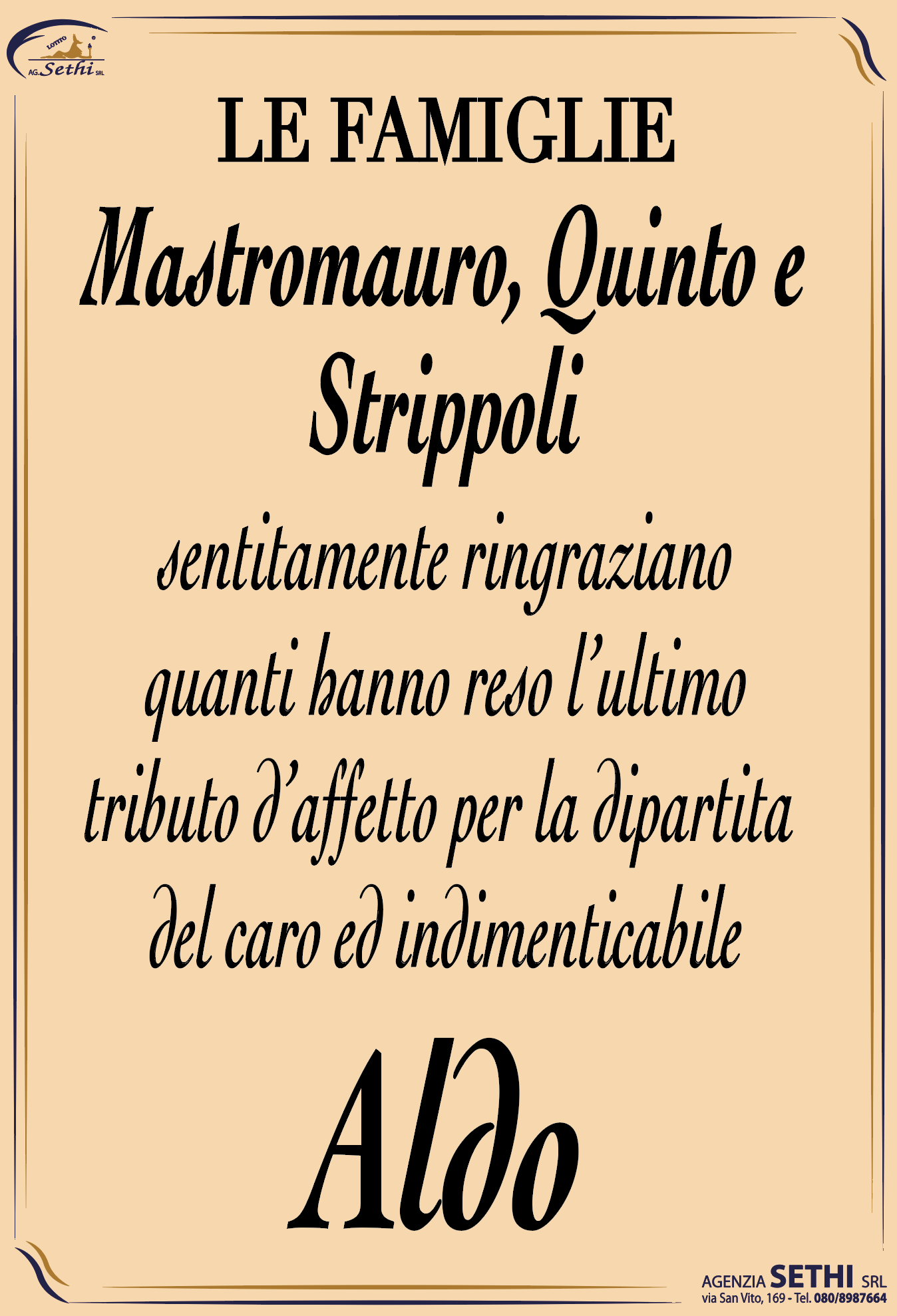 Ringraziamento Cataldo Mastromauro fu Domenico