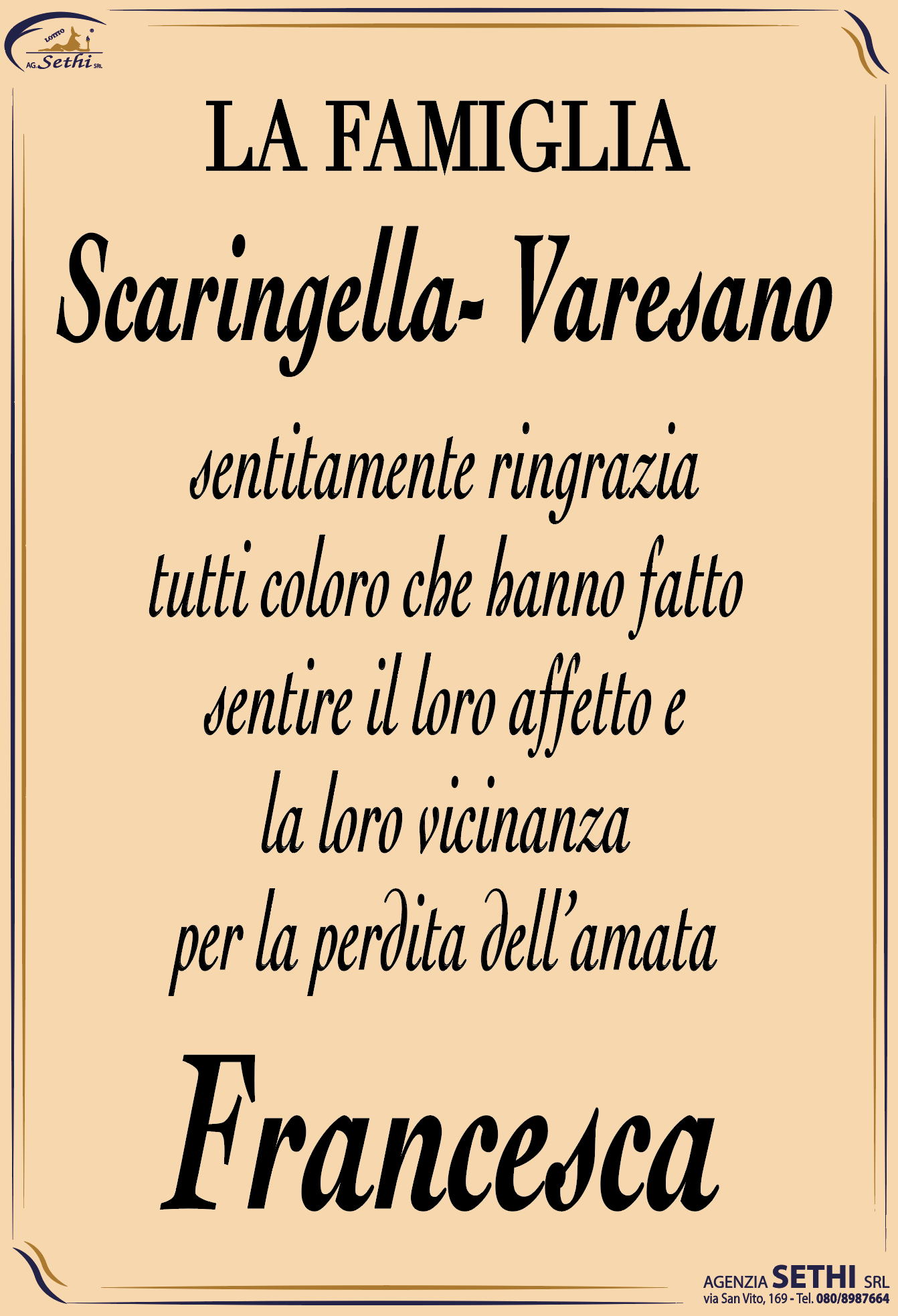 Ringraziamento Francesca Varesano ved. Scaringella