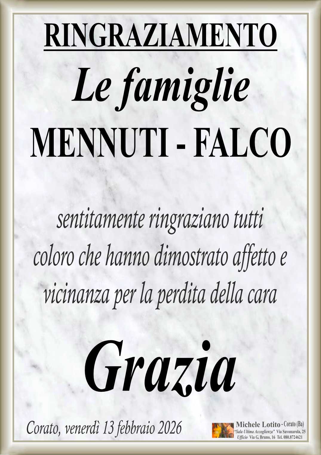 Ringraziamento GRAZIA FALCO in Mennuti