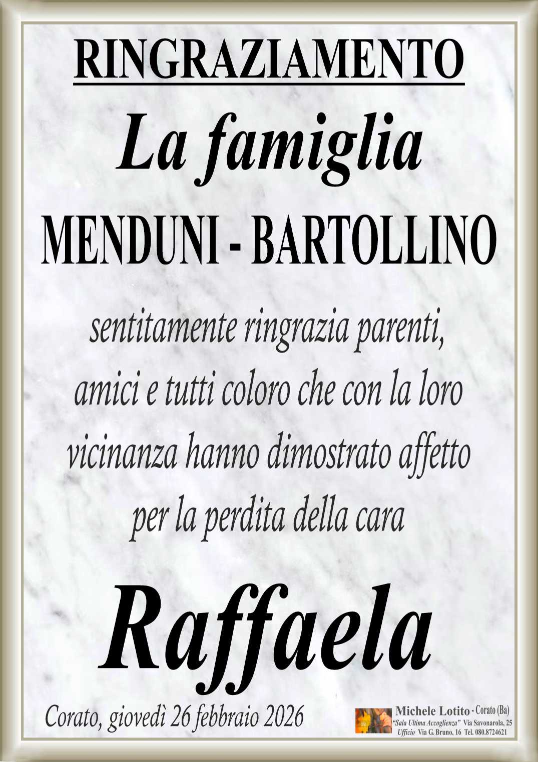 Ringraziamento Raffaela MENDUNI ved. Bartollino