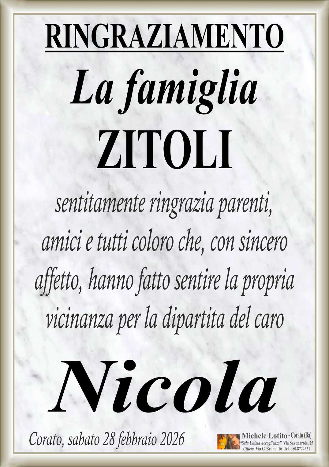 Ringraziamento NICOLA ZITOLI