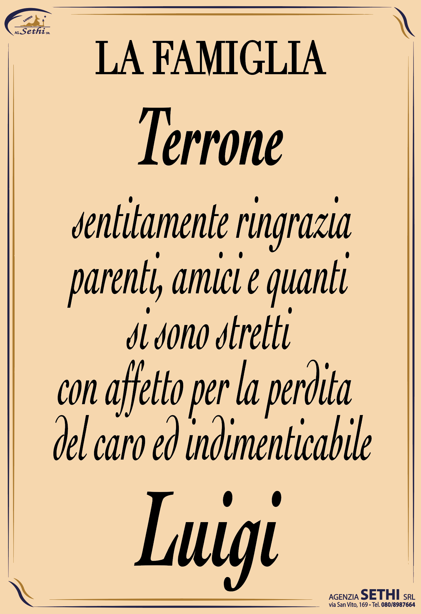 Ringraziamento Luigi Terrone fu Alfonso