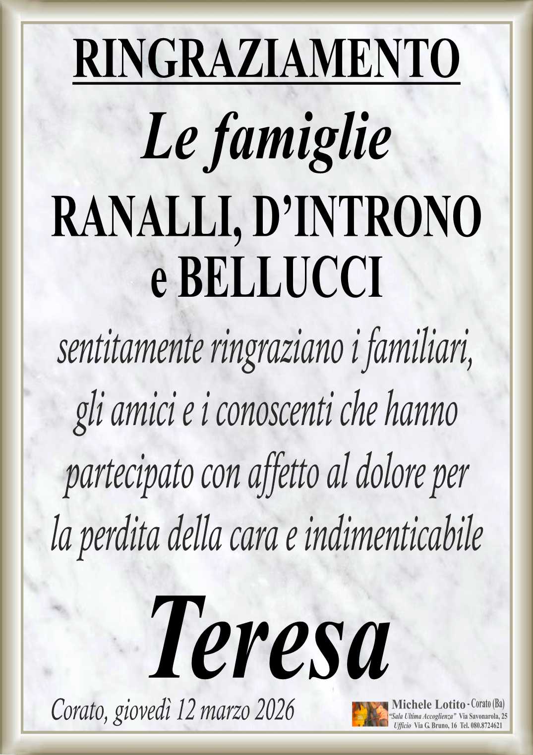 Ringraziamento TERESA RANALLI ved. D'Introno