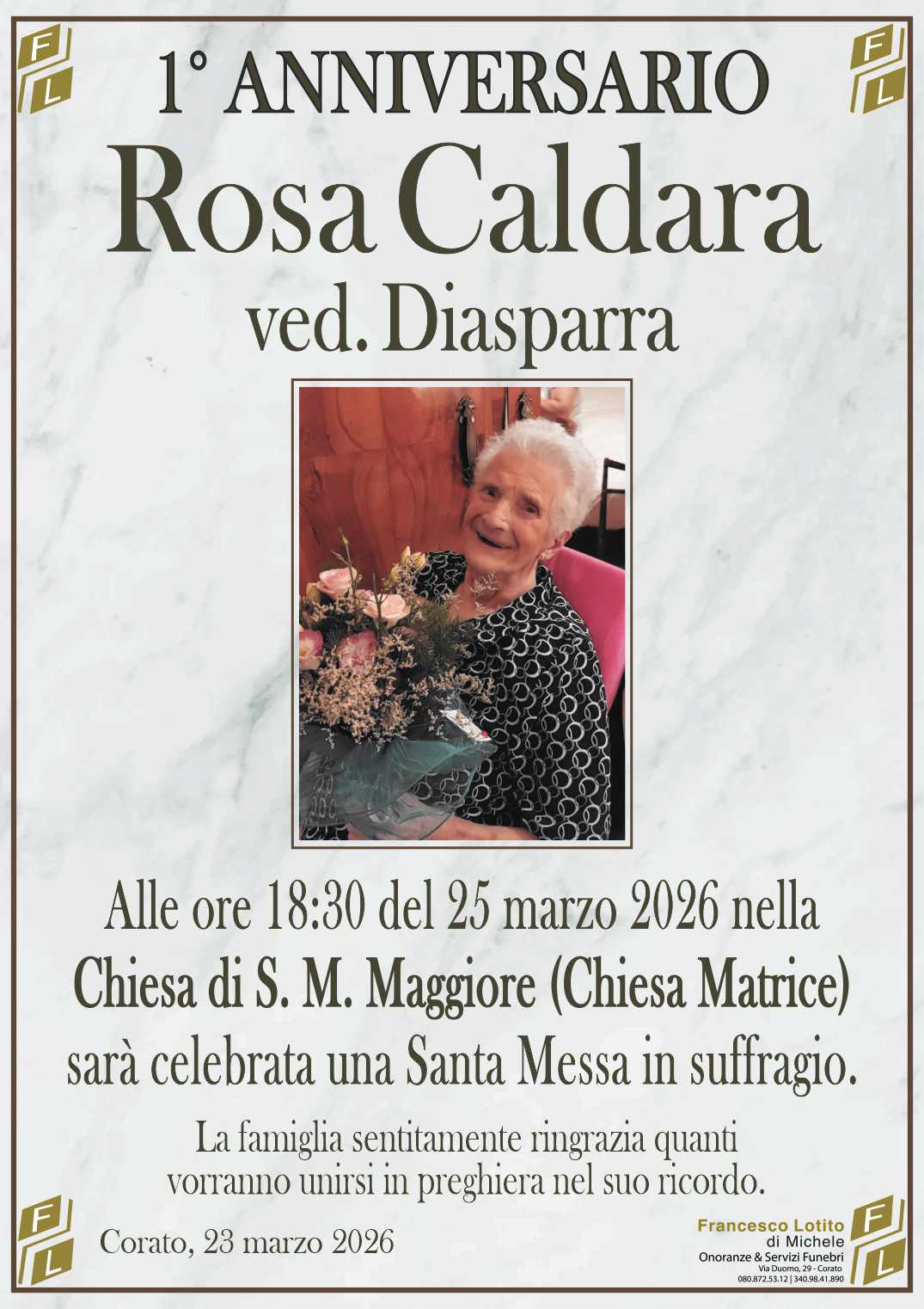 1° anniversario Rosa CALDARA ved. DIASPARRA