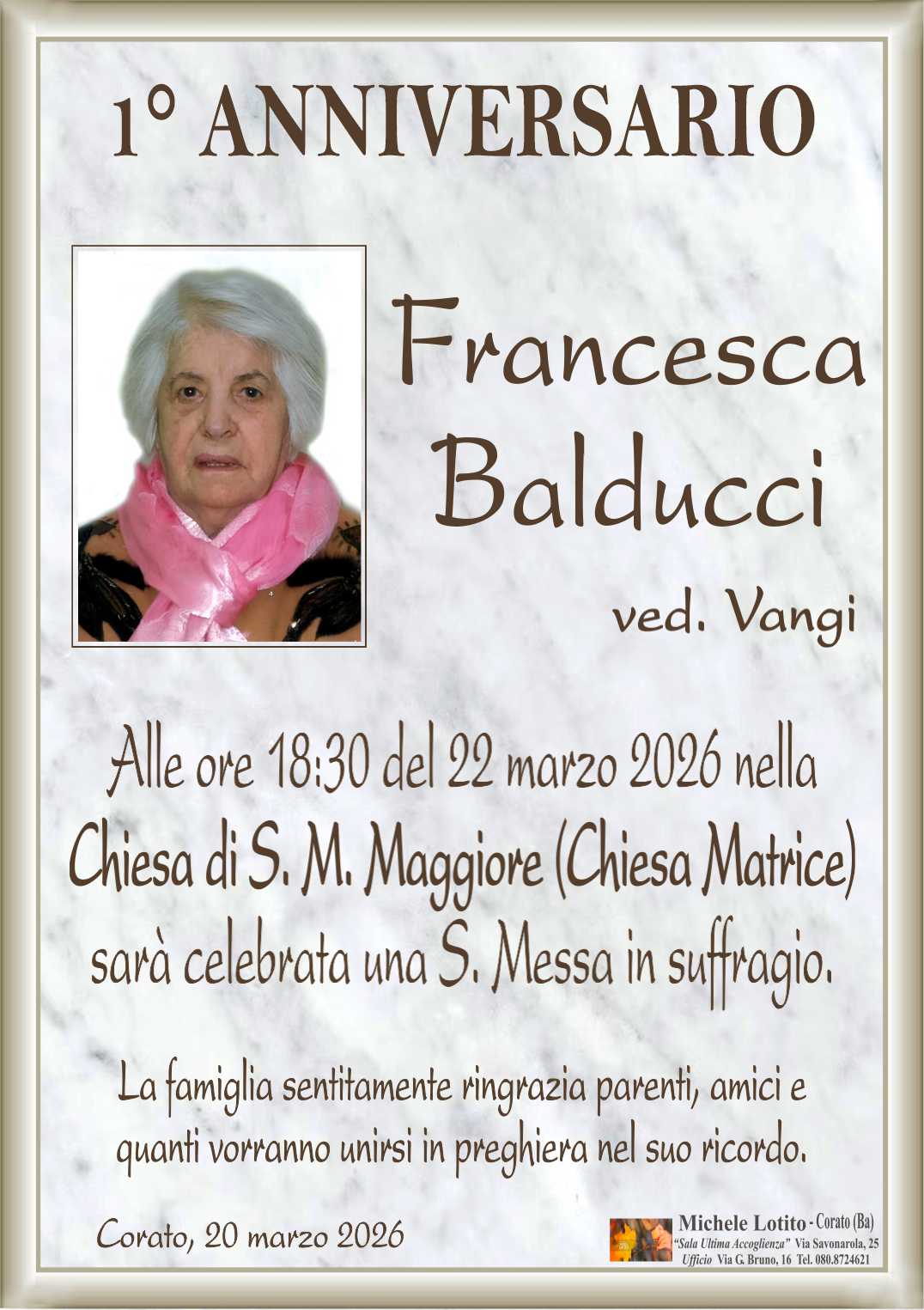 1° anniversario FRANCESCA BALDUCCI ved. Vangi
