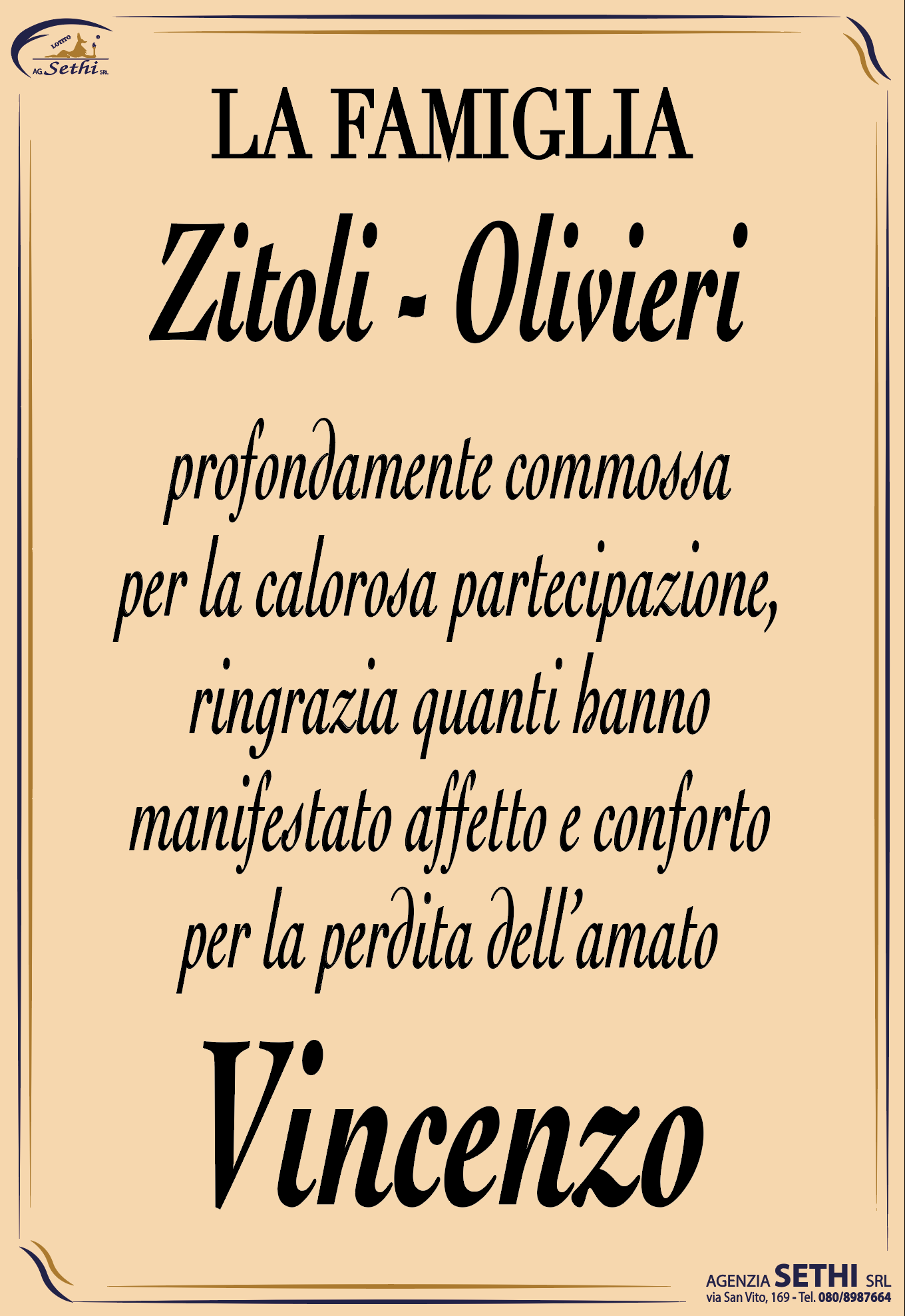 Ringraziamento Vincenzo Zitoli fu Guerino (macellaio)