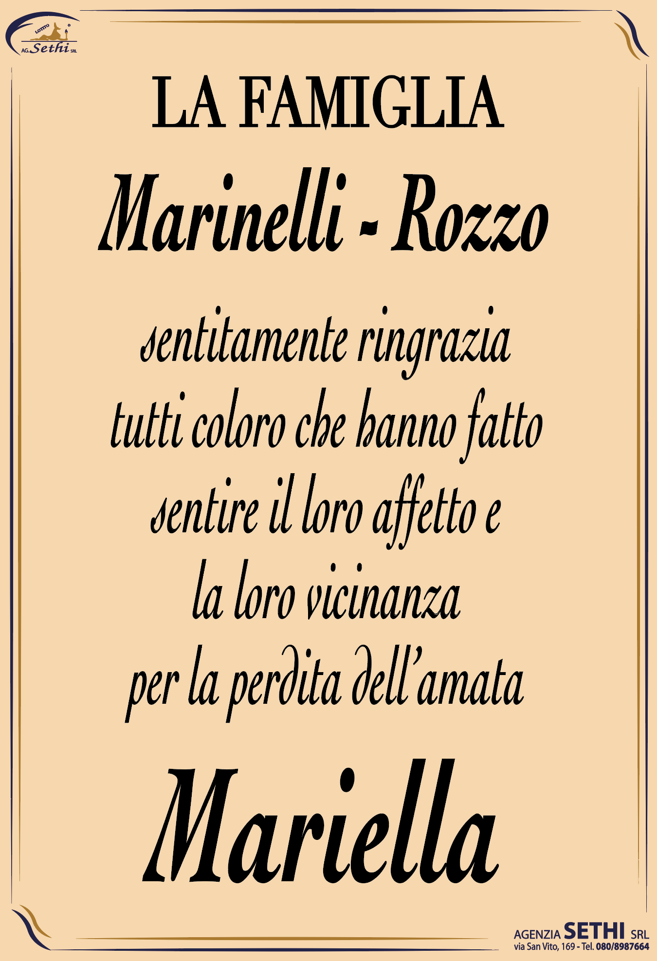 Ringraziamento Maria Rozzo ved. Marinelli