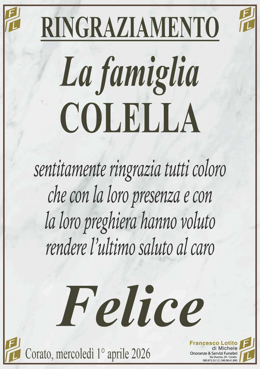 Ringraziamento Felice COLELLA
