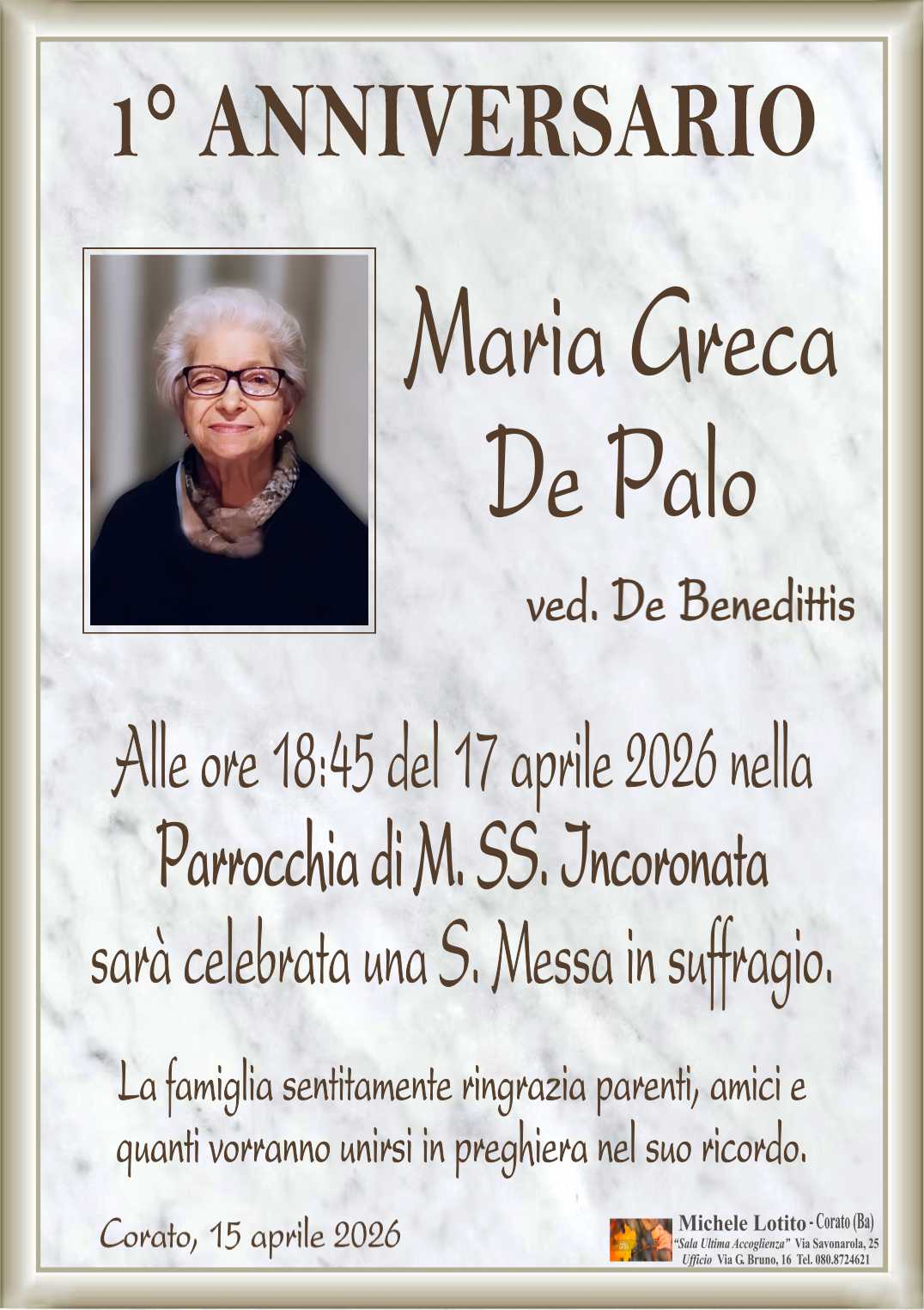 1° anniversario MARIA GRECA DE PALO ved. De Benedittis