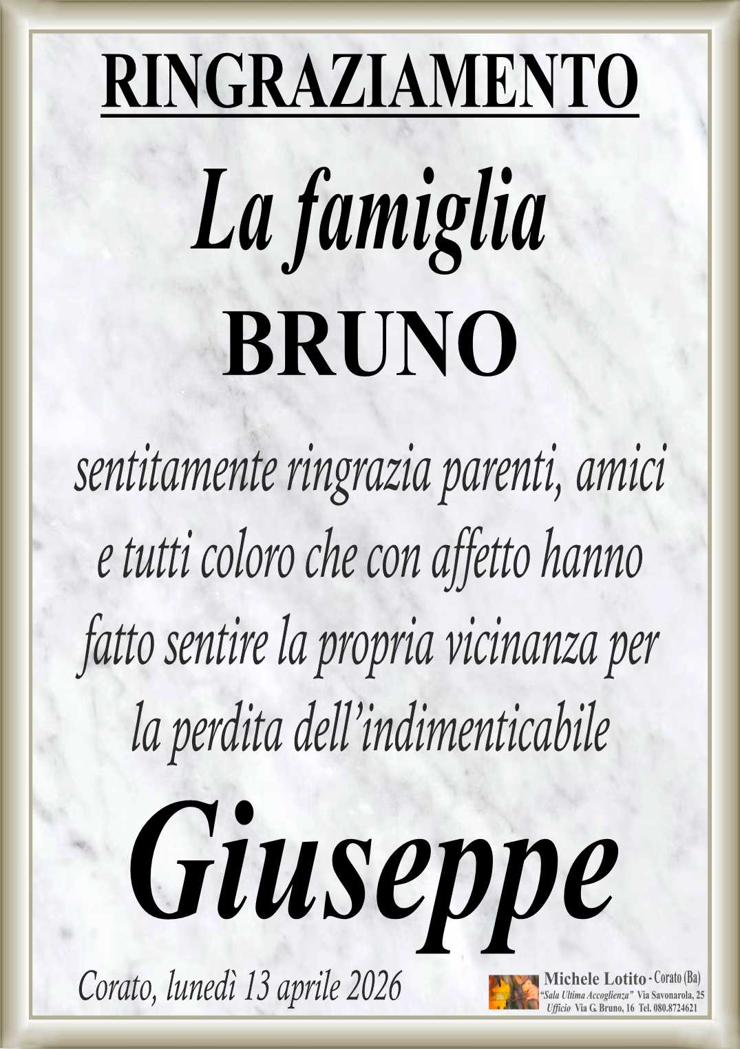 Ringraziamento GIUSEPPE BRUNO fu Francesco