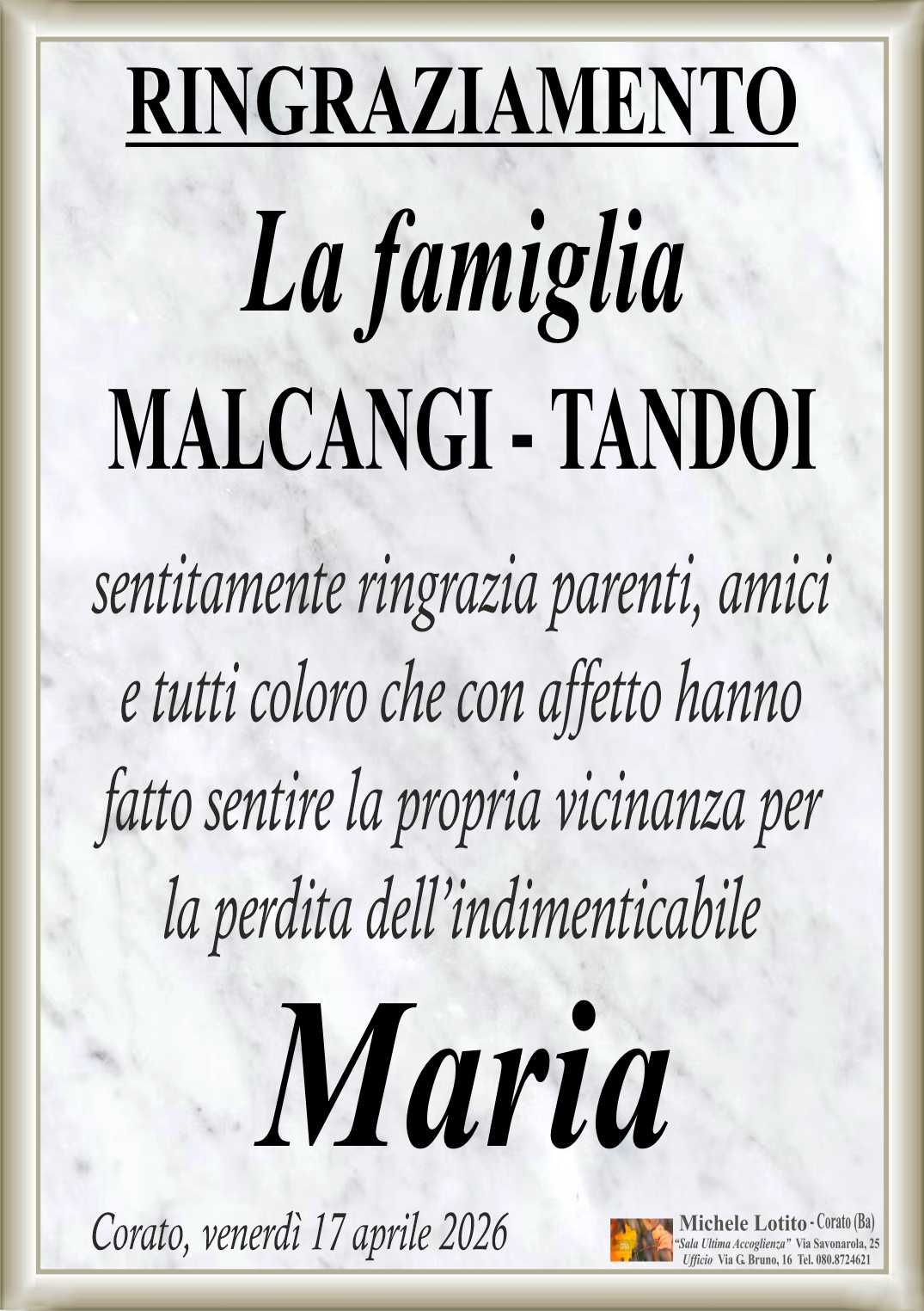 Ringraziamento MARIA MALCANGI ved. Tandoi