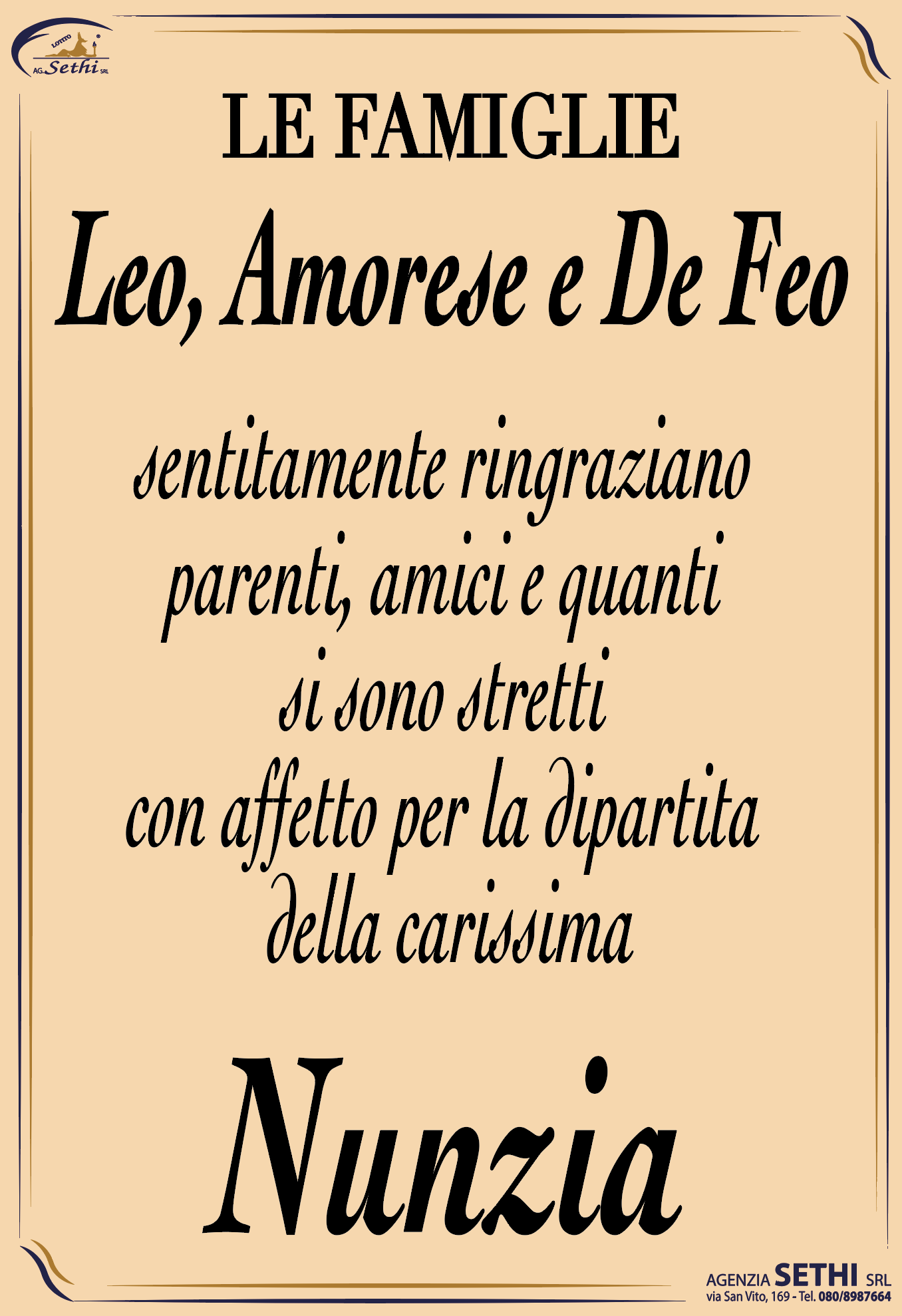 Ringraziamento Nunzia Amorese ved. Leo