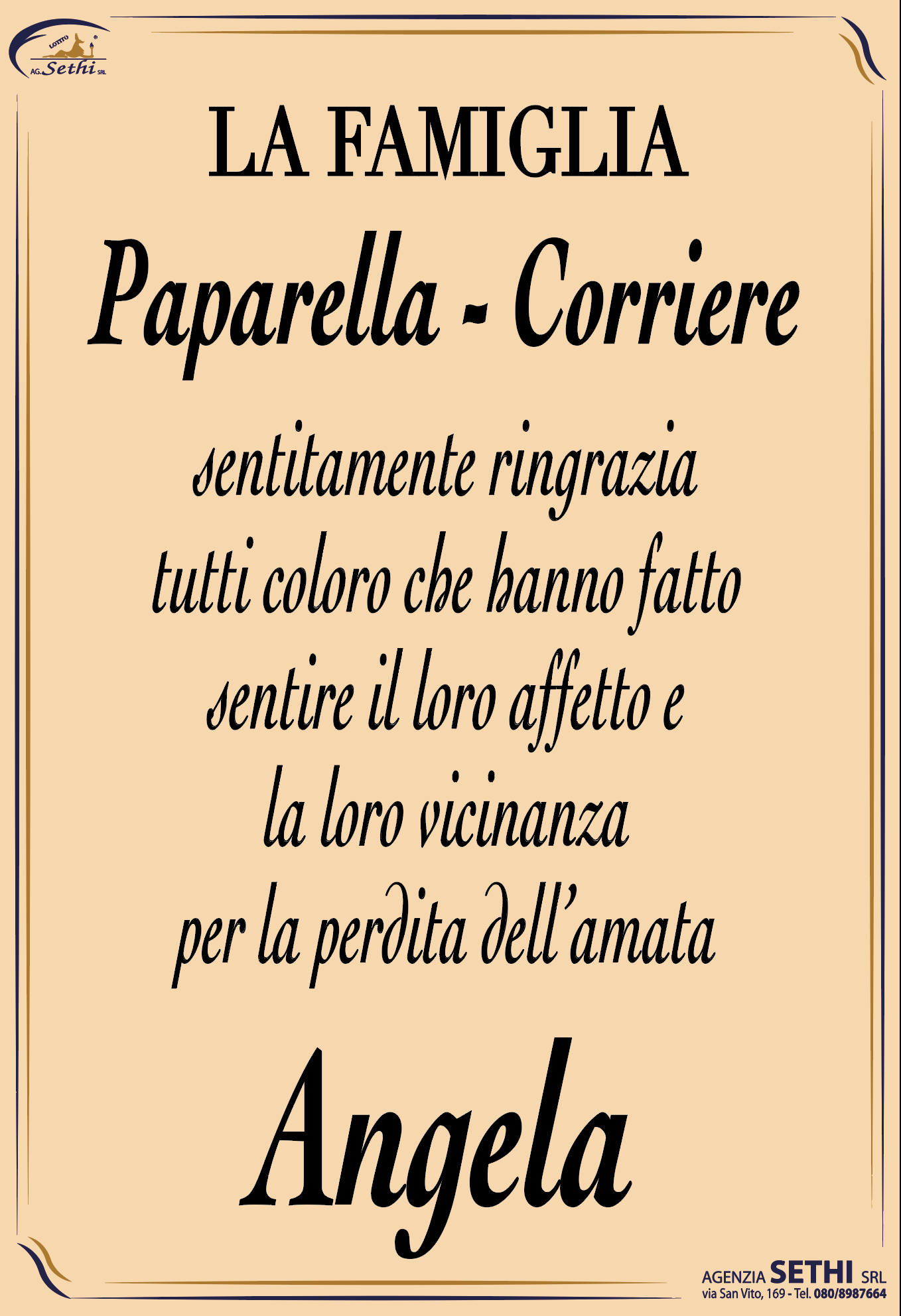 Ringraziamento Angela Paparella ved. Corriere
