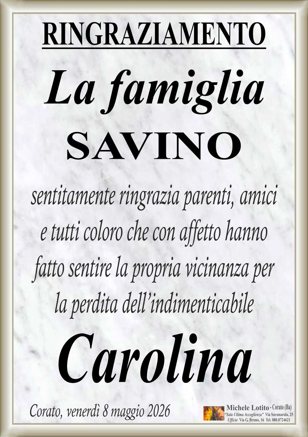 Ringraziamento CAROLINA BALDUCCI ved. Savino