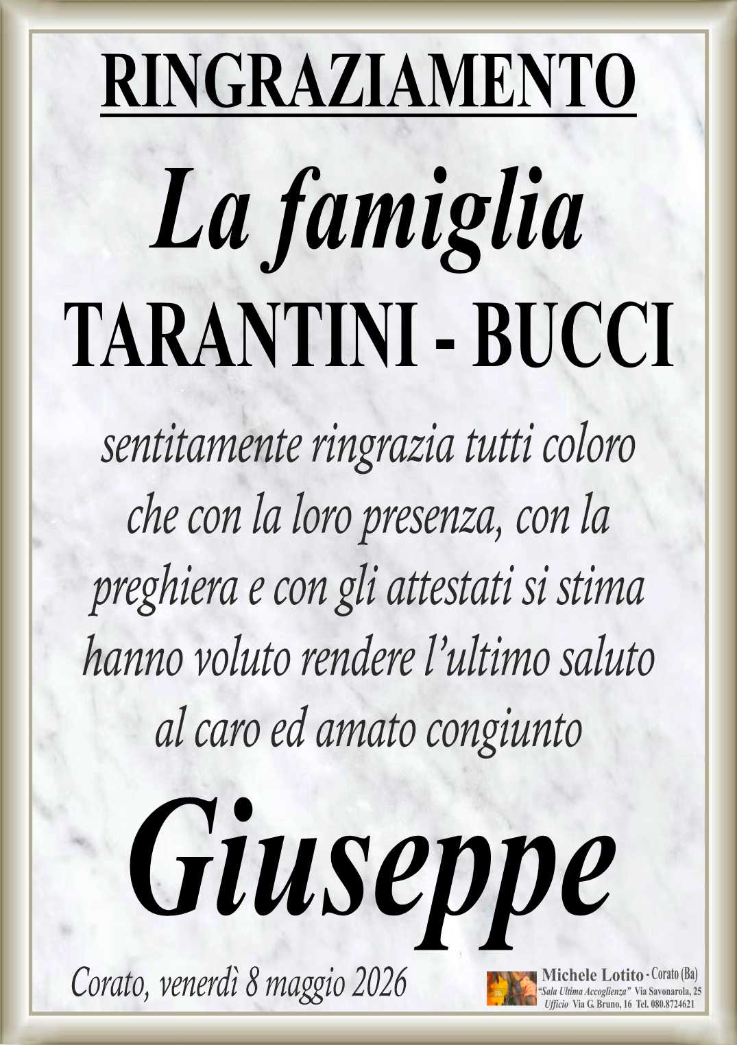 Ringraziamento GIUSEPPE TARANTINI