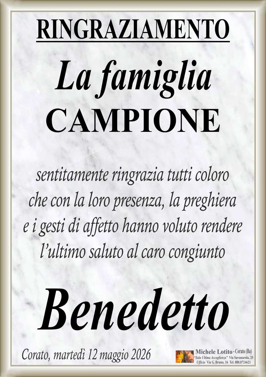 Ringraziamento BENEDETTO CAMPIONE