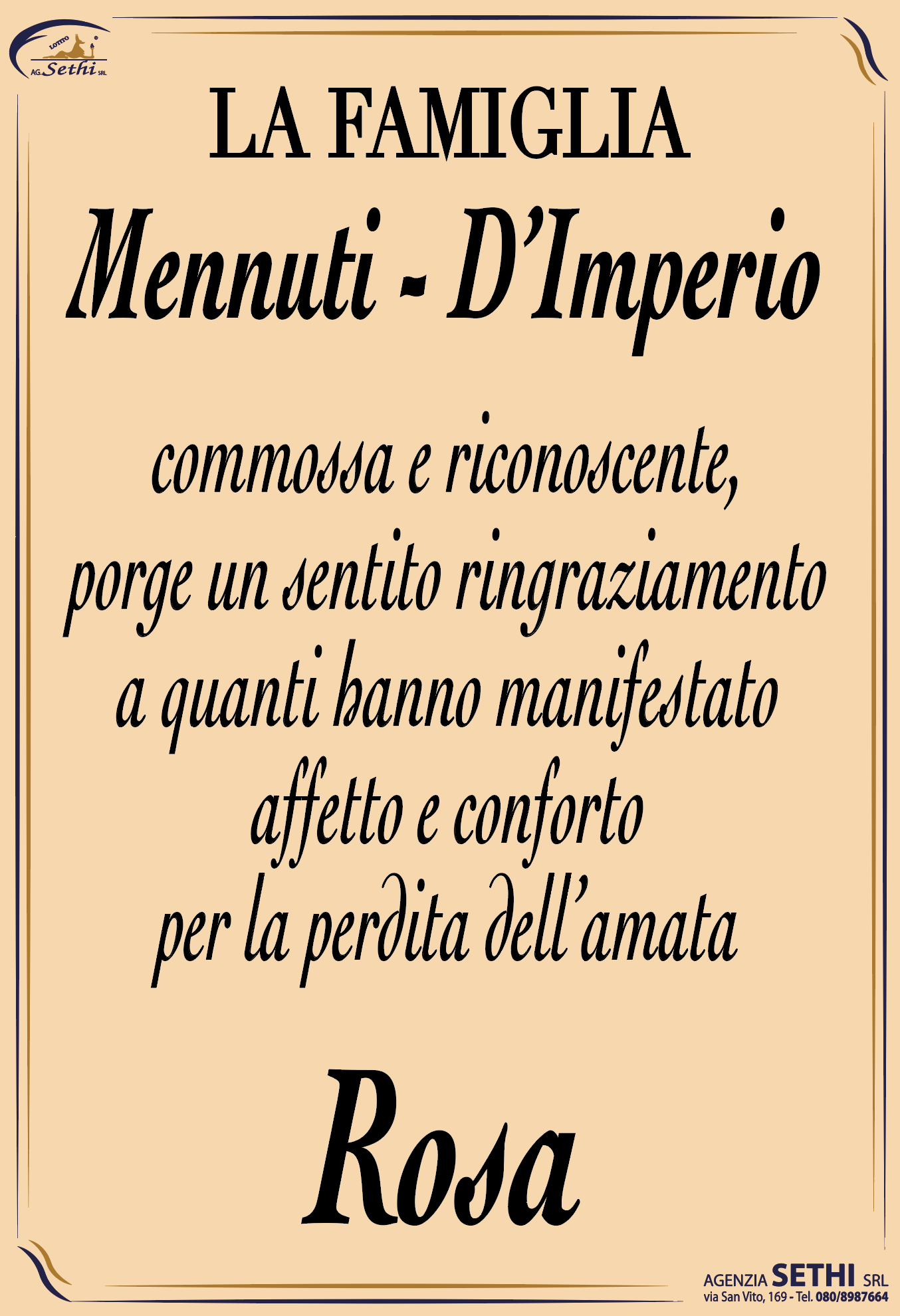 Ringraziamento Rosa D’Imperio ved. Mennuti