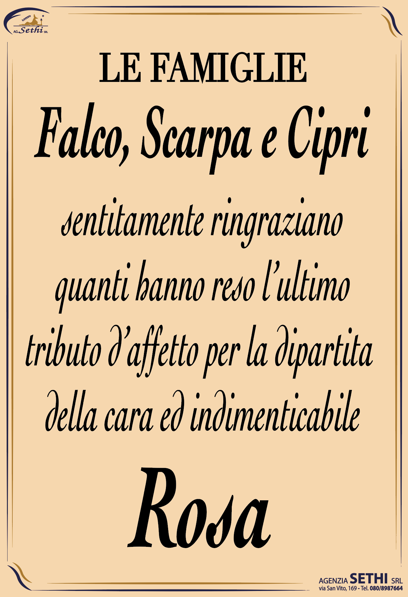 Ringraziamento Rosa Cipri ved. Falco