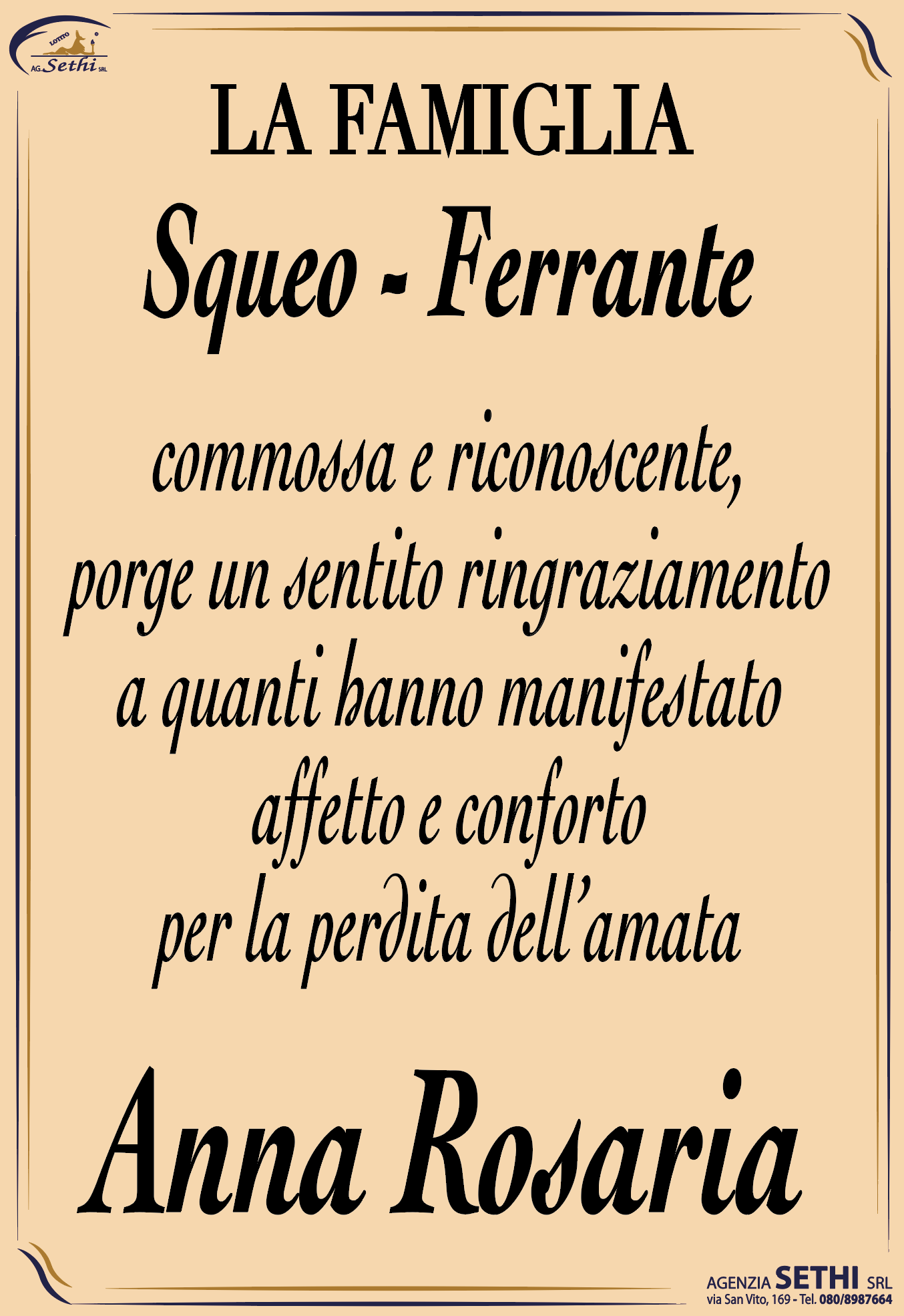 Ringraziamento Anna Rosaria Ferrante in Squeo