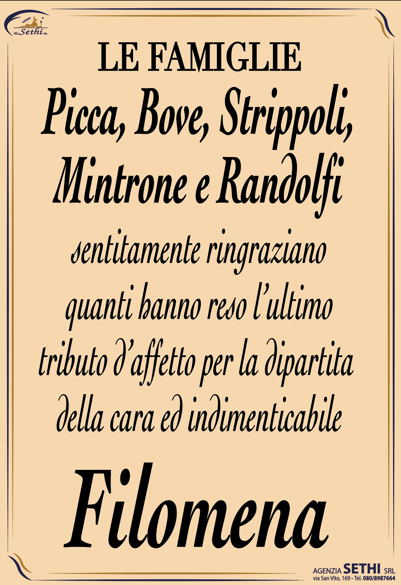 Ringraziamento Filomena Bove ved. Picca