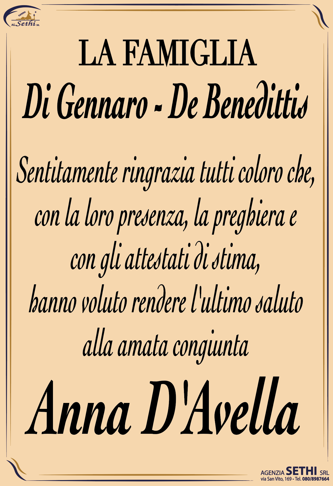 Ringraziamento Anna D'Avella in Di Gennaro