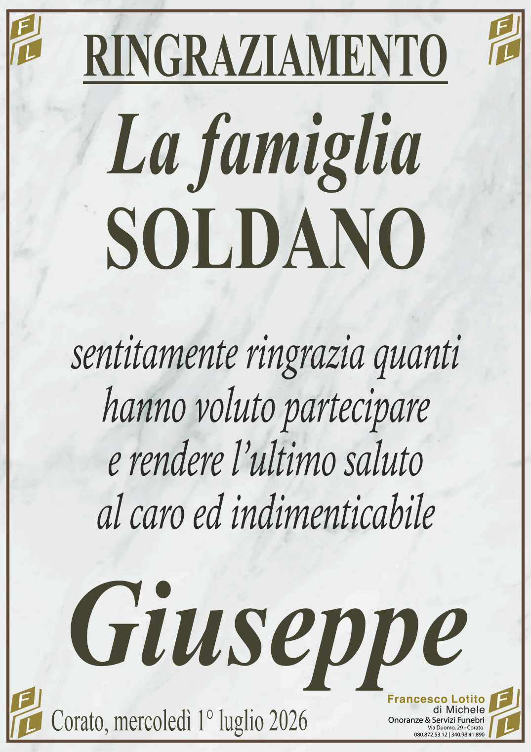 Ringraziamento Giuseppe SOLDANO