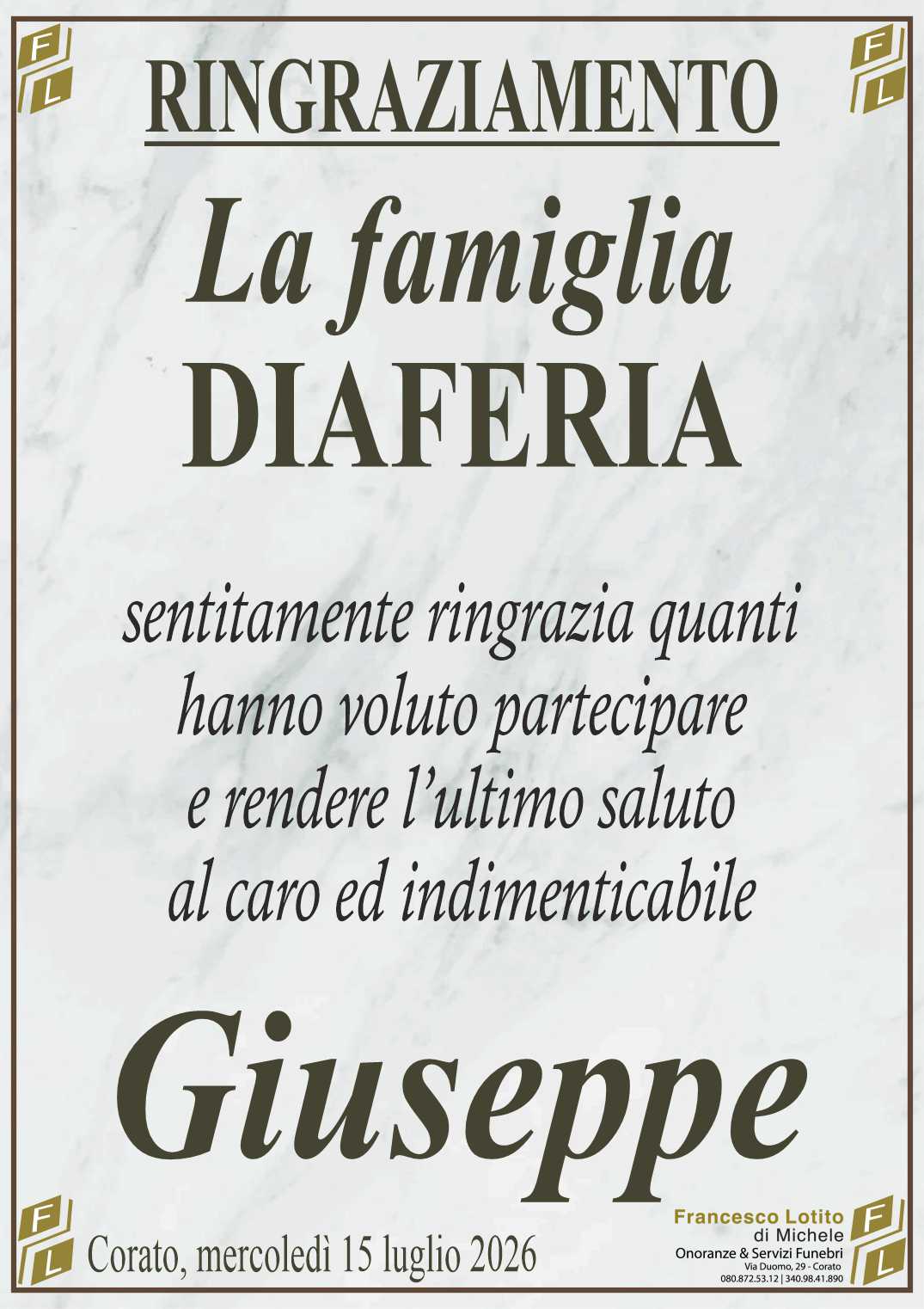 Ringraziamento Giuseppe DIAFERIA