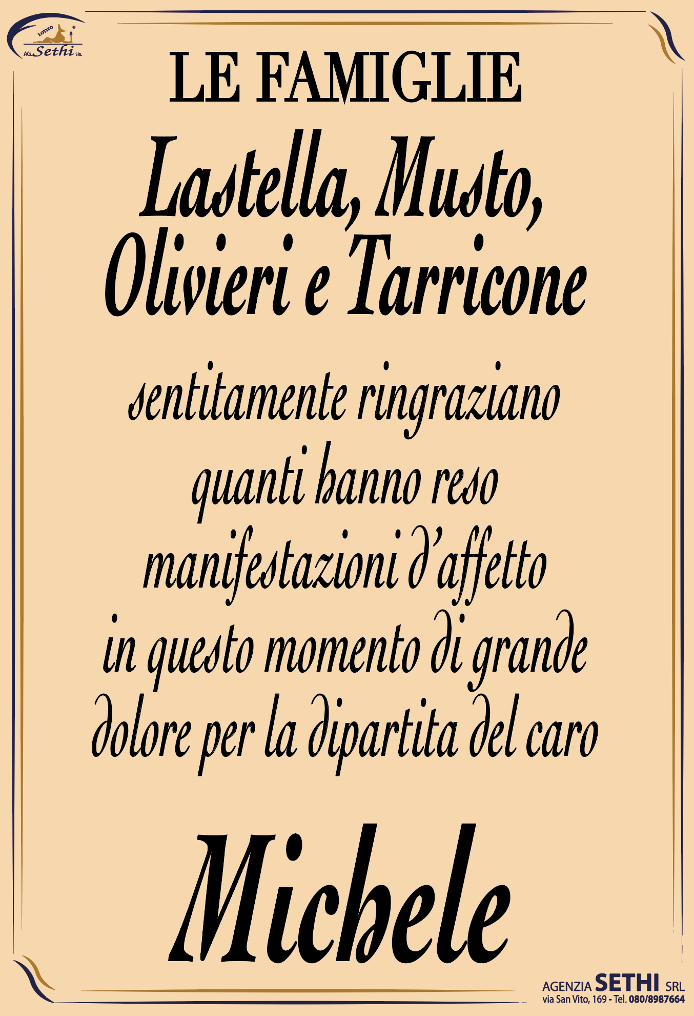 Ringraziamento Michele Lastella fu Fedele