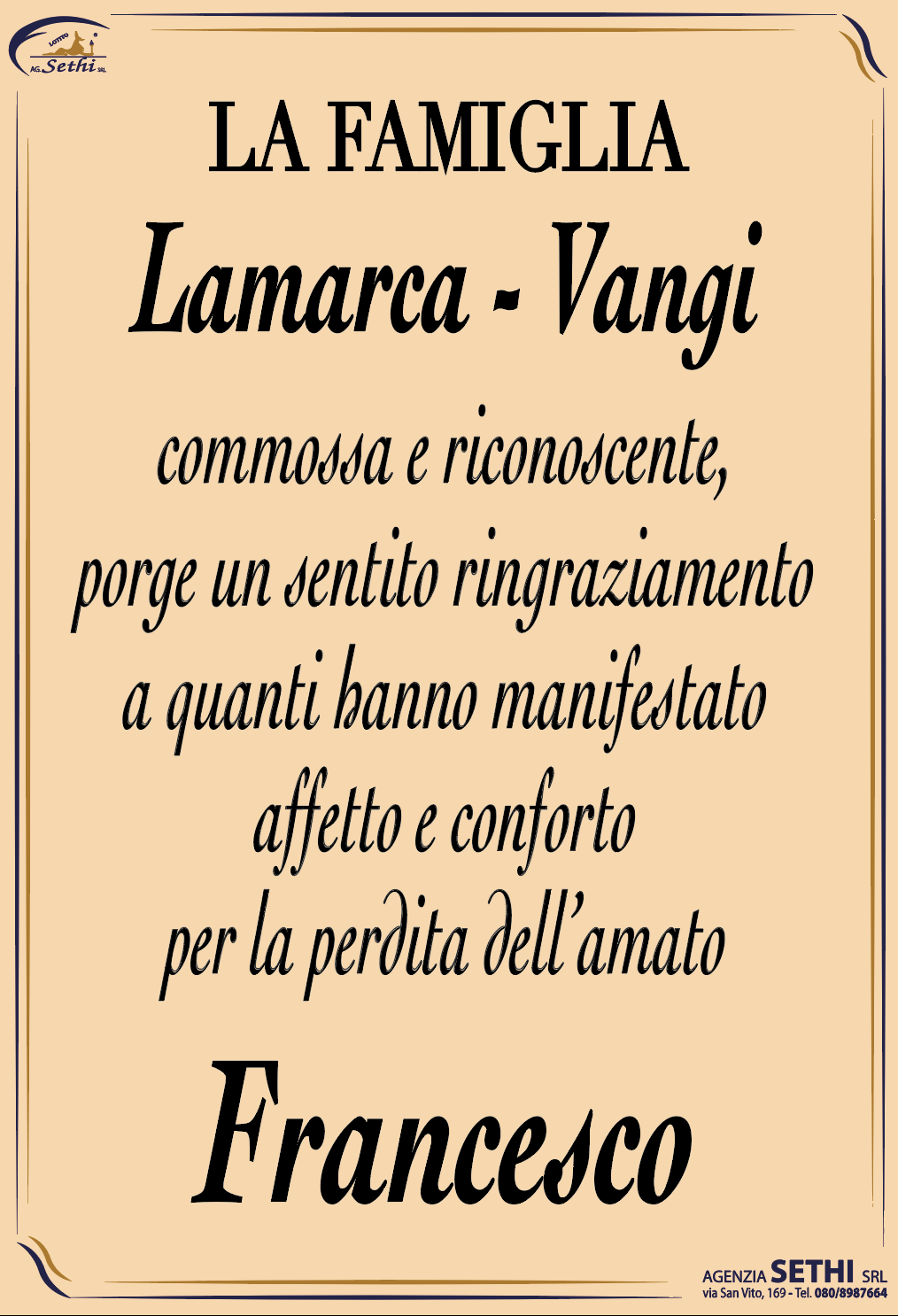Ringraziamento Francesco Lamarca fu Antonio
