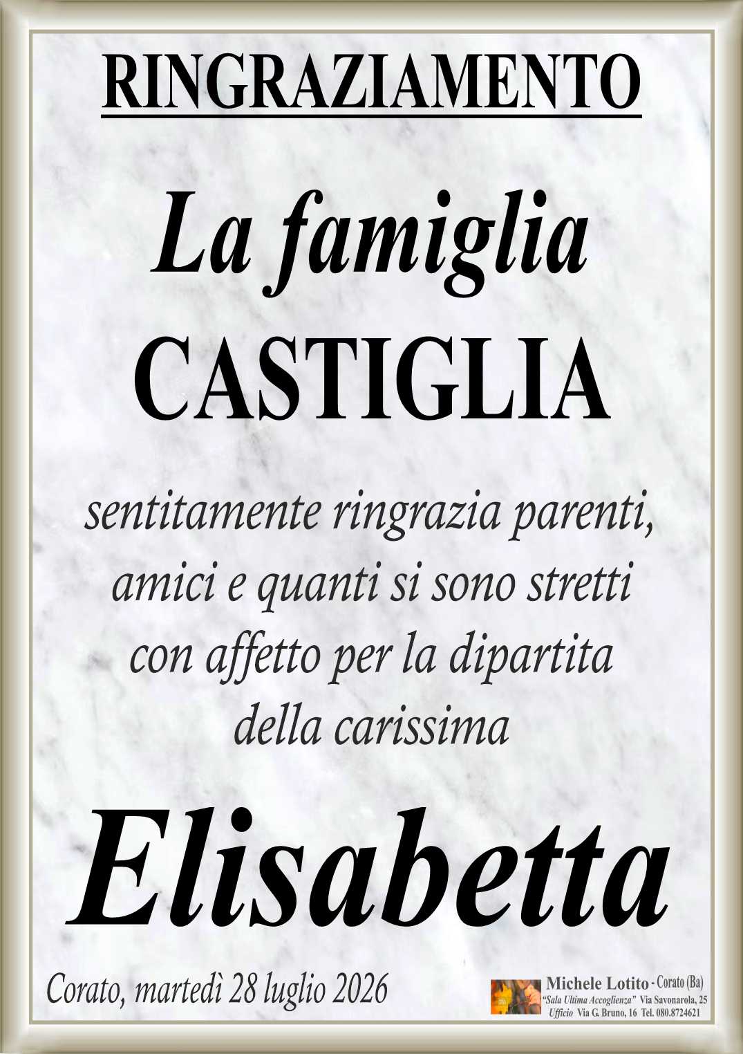 Ringraziamento ELISABETTA CASTIGLIA in Castiglia