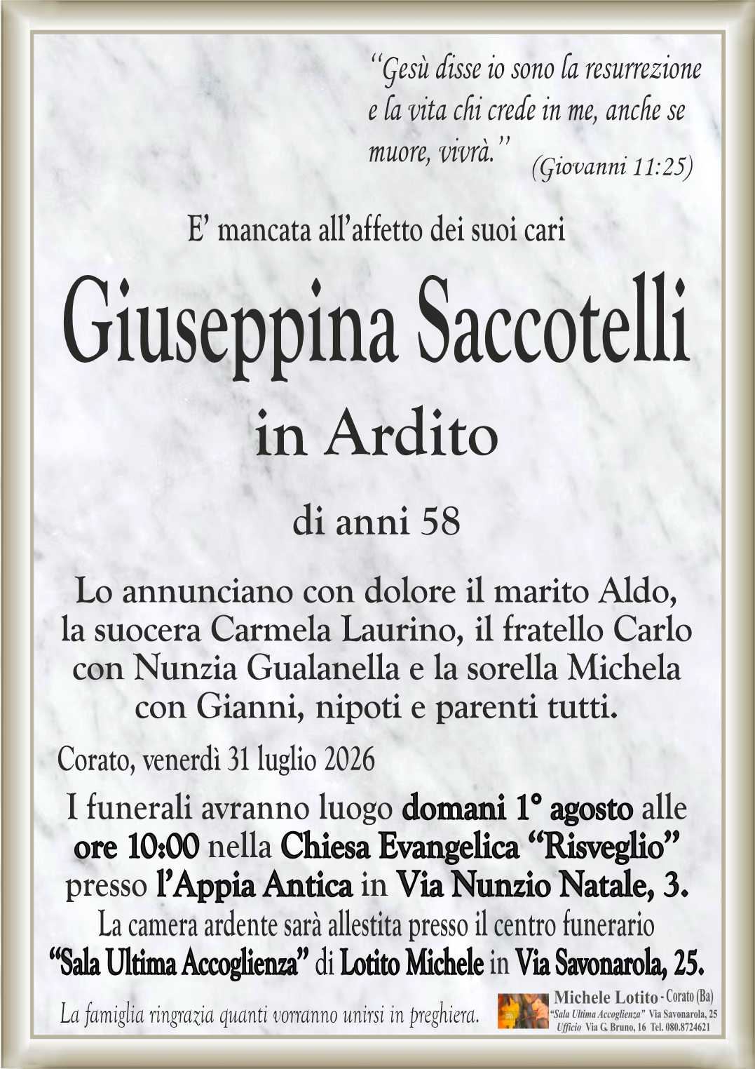 Lo annunciano con dolore il marito Aldo,
la suocera Carmela Laurino, il fratello Carlo
con Nunzia Gualanella e la sorella Michela
con Gianni, nipoti e parenti tutti.
