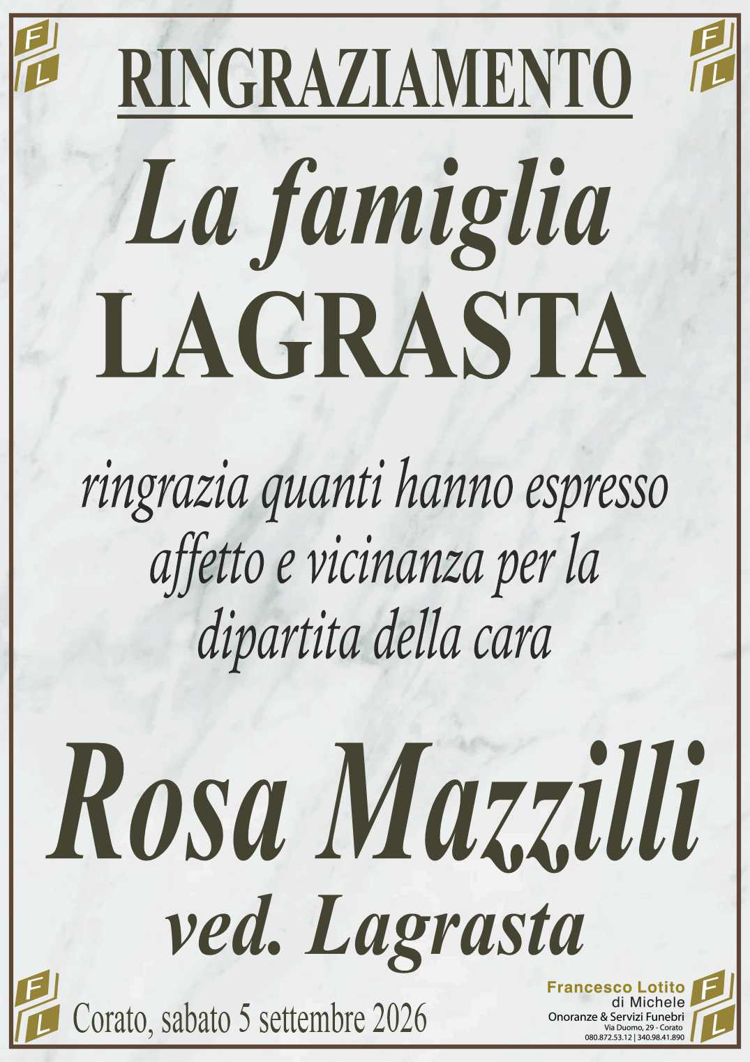 Ringraziamento Rosa MAZZILLI ved. LAGRASTA