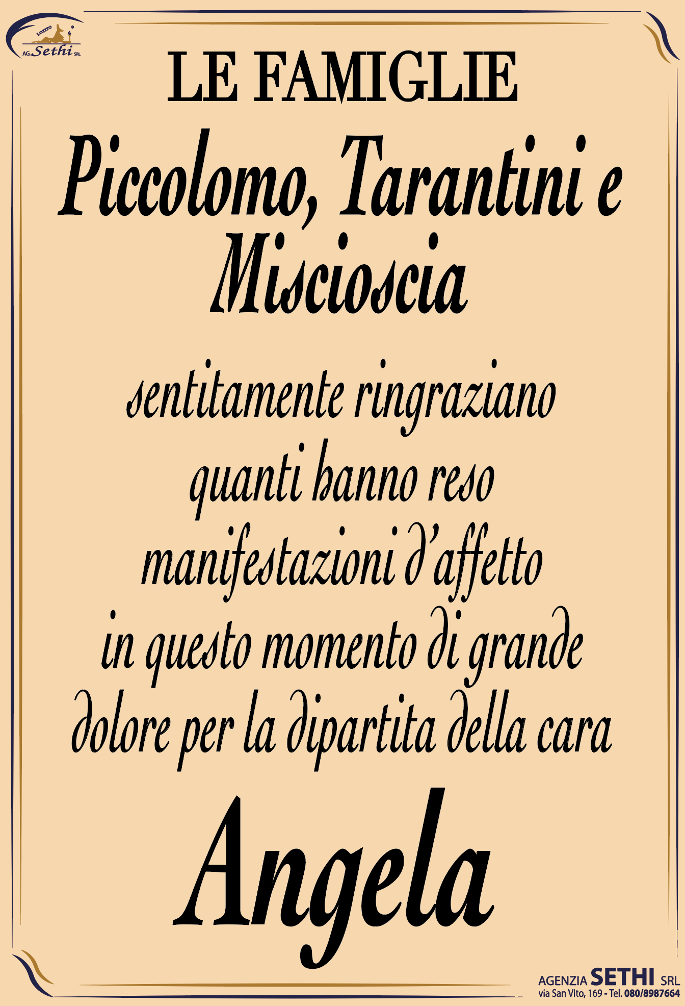 Ringraziamento Angela Tarantini ved. Piccolomo