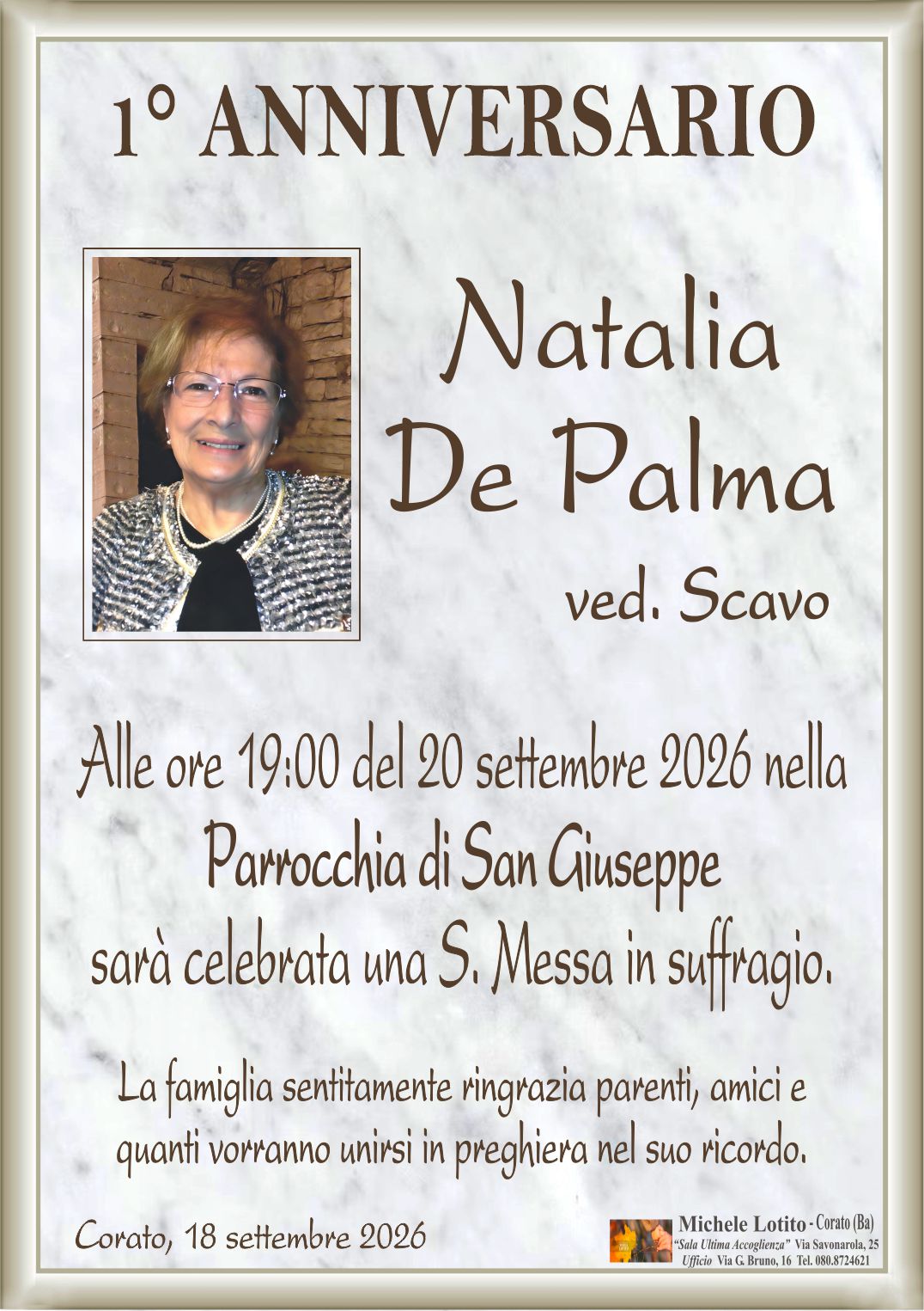 1° anniversario NATALIA DE PALMA ved. Scavo