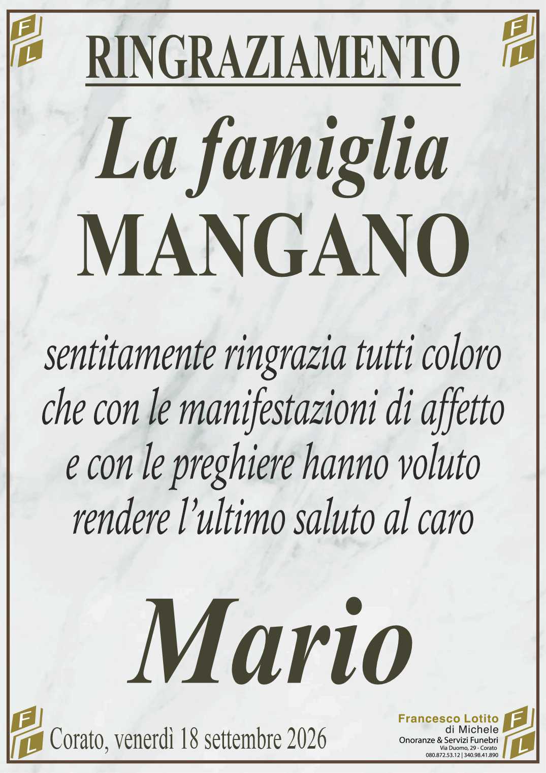 Ringraziamento Mario MANGANO