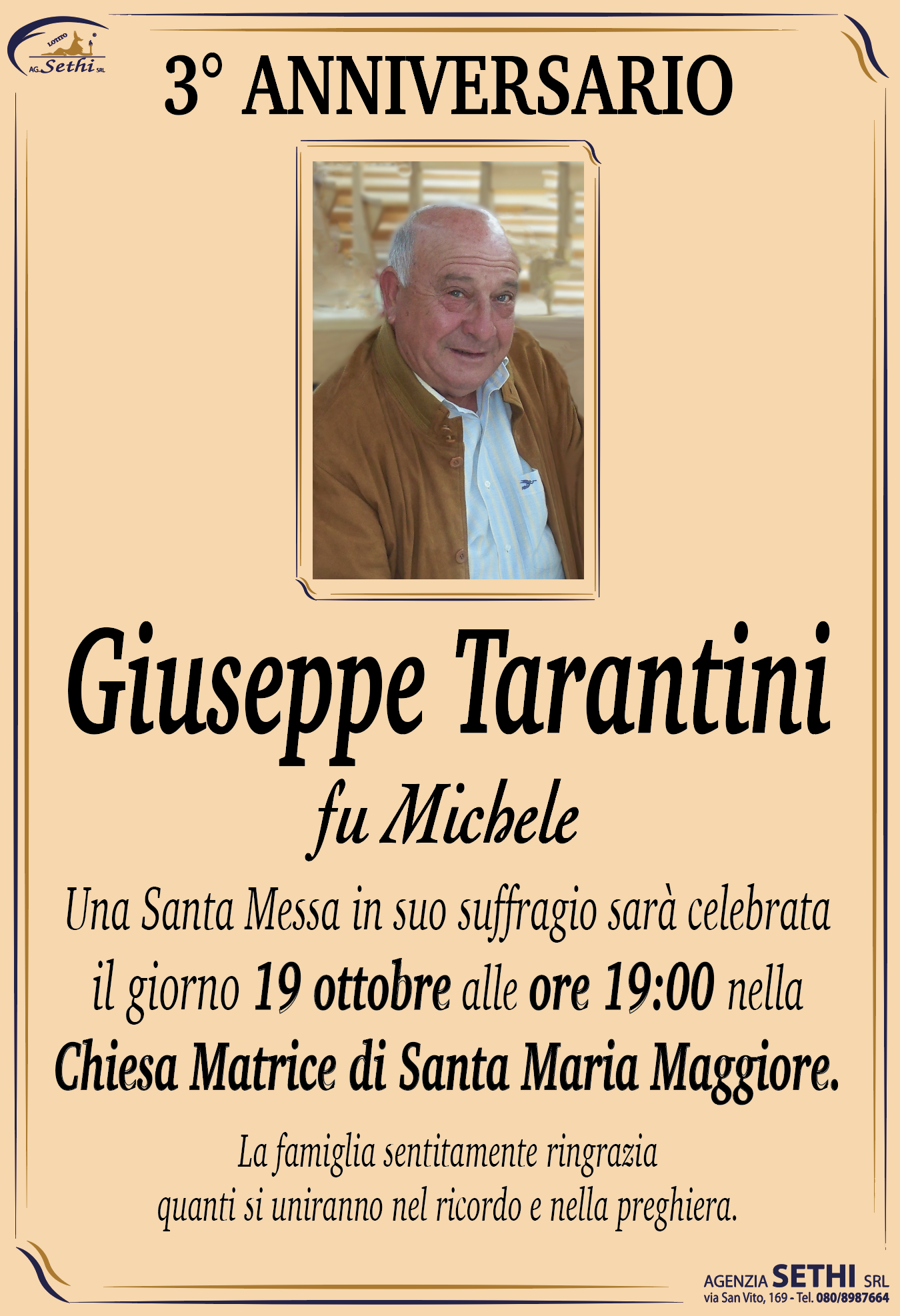 3° anniversario Giuseppe Tarantini fu Michele (ex impiegato comunale ufficio economato)