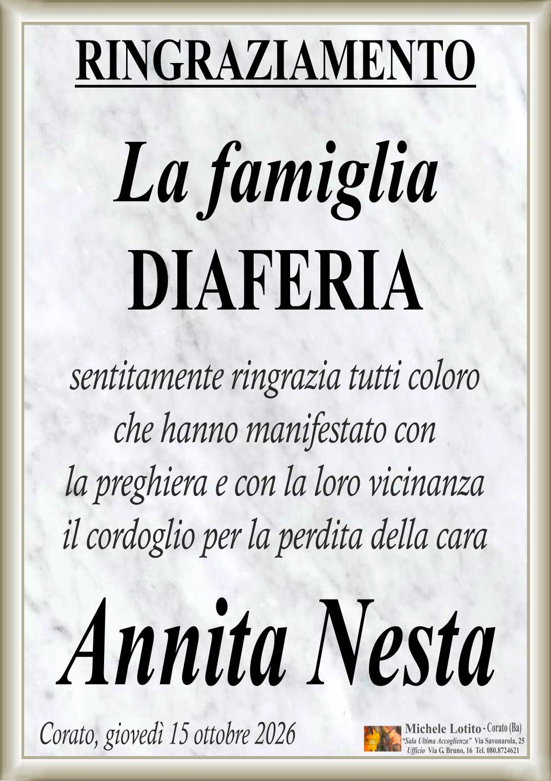 Ringraziamento ANNITA NESTA ved. Diaferia