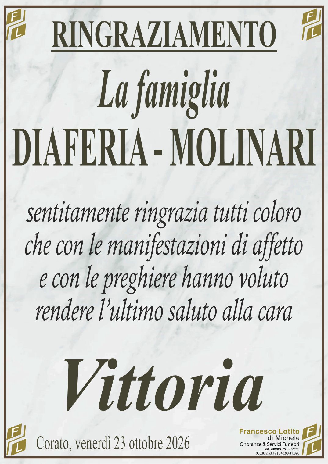 Ringraziamento Vittoria MOLINARI in DIAFERIA