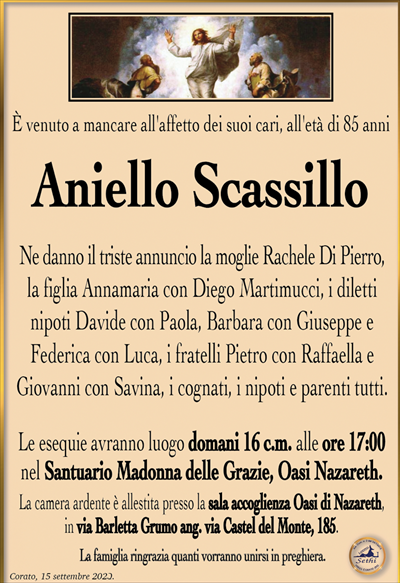 È venuto a mancare all’affetto dei suoi cari, all’età di 85 anni
Aniello Scassillo
Ne danno il triste annuncio la moglie Rachele Di Pierro, la figlia Annamaria con Diego Martimucci, i diletti nipoti Davide con Paola, Barbara con Giuseppe e Federica con Luca, i fratelli Pietro con Raffaella e Giovanni con Savina, i cognati, i nipoti e parenti tutti.
Le esequie avranno luogo domani 16 c.m. alle ore 17:00 nel Santuario Madonna delle Grazie, Oasi Nazareth.
La camera ardente è allestita presso la sala accoglienza Oasi di Nazareth, in via Barletta Grumo ang. via Castel del Monte, 185.
La famiglia sentitamente ringrazia quanti si uniranno in preghiera.