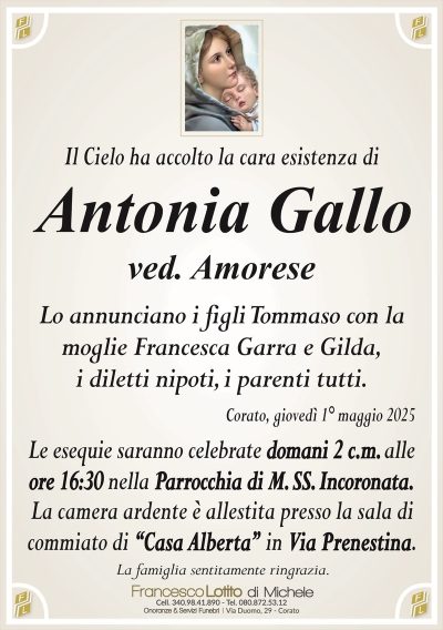 Il Cielo ha accolto la cara esistenza diAntonia Gallo
ved. Amorese
Lo annunciano i figli Tommaso con la
moglie Francesca Garra e Gilda,
i diletti nipoti, i parenti tutti.
Corato, giovedì 1° maggio 2025
Le esequie saranno celebrate domani 2 c.m. alle
ore 16:30 nella Parrocchia di M. SS. Incoronata.
La camera ardente è allestita presso la sala di
commiato di “Casa Alberta” in Via Prenestina.
La famiglia sentitamente ringrazia.