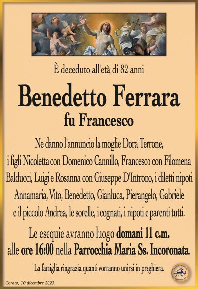 È deceduto all’età di 82 anni
Benedetto Ferrara
fu Francesco
Ne danno l’annuncio la moglie Dora Terrone,
i figli Nicoletta con Domenico Cannillo, Francesco con Filomena Balducci, Luigi e Rosanna con Giuseppe D’Introno, i diletti nipoti Annamaria, Vito, Benedetto, Gianluca, Pierangelo, Gabriele
e il piccolo Andrea, le sorelle, i cognati, i nipoti e parenti tutti.
Le esequie avranno luogo domani 11 c.m.
alle ore 16:00 nella Parrocchia Maria Ss. Incoronata.
La famiglia ringrazia quanti vorranno unirsi in preghiera.