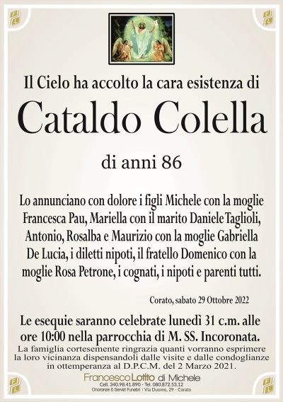 Il Cielo ha accolto la cara esistenza di
Cataldo Colella
di anni 86
Lo annunciano con dolore i figli Michele con la moglie
Francesca Pau, Mariella con il marito Daniele Taglioli,
Antonio, Rosalba e Maurizio con la moglie Gabriella
De Lucia, i diletti nipoti, il fratello Domenico con la
moglie Rosa Petrone, i cognati, i nipoti e parenti tutti.
Corato, sabato 29 Ottobre 2022
La famiglia cortesemente ringrazia quanti vorranno esprimere
la loro vicinanza dispensandoli dalle visite e dalle condoglianze
in ottemperanza al D.P.C.M. del 2 Marzo 2021.
Le esequie saranno celebrate lunedì 31 c.m. alle
ore 10:00 nella parrocchia di M. SS. Incoronata.