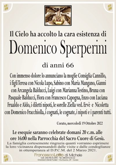Il Cielo ha accolto la cara esistenza di
Domenico Sperperini
di anni 66
Con immenso dolore lo annunciano la moglie Consiglia Cannillo,
i figli Teresa con Nicola Lupo, Sabino con Maria Mangano, Gianni
con Arcangela Balducci, Luigi con Marianna Testino, Bruna con
Pasquale Balducci, Flora con Francesco Capogna, Enzo con Luciana
Frualdo e Aldo, i diletti nipoti, le sorelle Ziella ved. Ervè e Nicoletta
con Domenico Fracchiolla, i cognati, le cognate, i nipoti e i parenti tutti.
Corato, mercoledì 19 Ottobre 2022
La famiglia cortesemente ringrazia quanti vorranno esprimere
la loro vicinanza dispensandoli dalle visite e dalle condoglianze
in ottemperanza al D.P.C.M. del 2 Marzo 2021.
Le esequie saranno celebrate domani 20 c.m. alle
ore 16:00 nella Parrocchia del Sacro Cuore di Gesù.