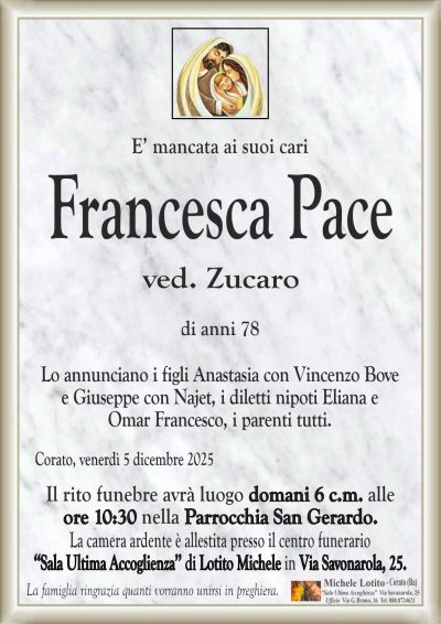 Lo annunciano i figli Anastasia con Vincenzo Bove
e Giuseppe con Najet, i diletti nipoti Eliana e
Omar Francesco, i parenti tutti.