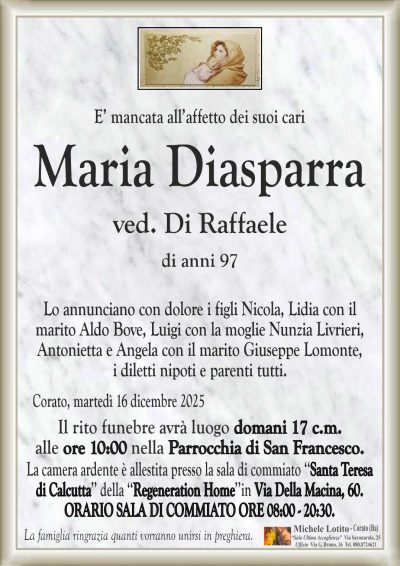 Lo annunciano con dolore i figli Nicola, Lidia con il
marito Aldo Bove, Luigi con la moglie Nunzia Livrieri,
Antonietta e Angela con il marito Giuseppe Lomonte,
i diletti nipoti e parenti tutti.